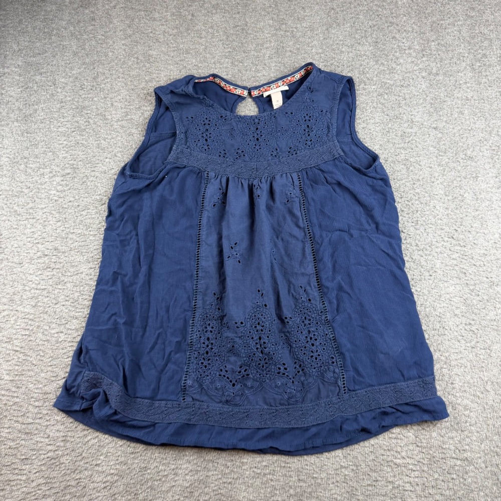 Knox Rose Sleeveless Top Women's Size M Navy Blue Eyelet Lace Boho Blouse
